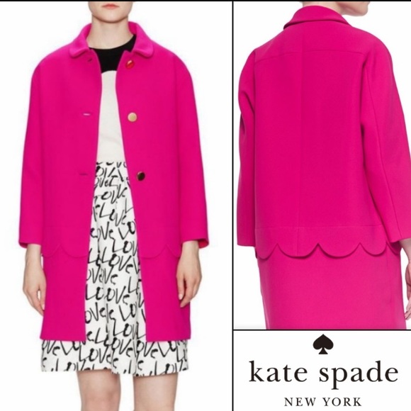 Kate Spade Talia Scalloped Pea Coat Spring Jacket Hot Pink Gold Buttons XS 2